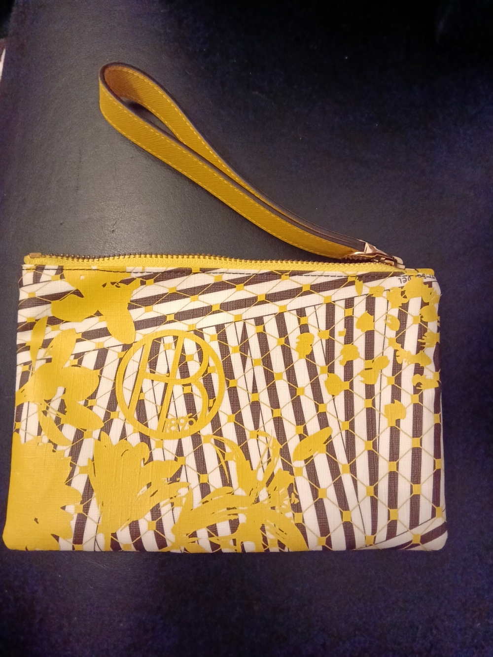 Vintage Henri Bendel " Disturbed Stripe" Yellow Floral Wristlet Clutch